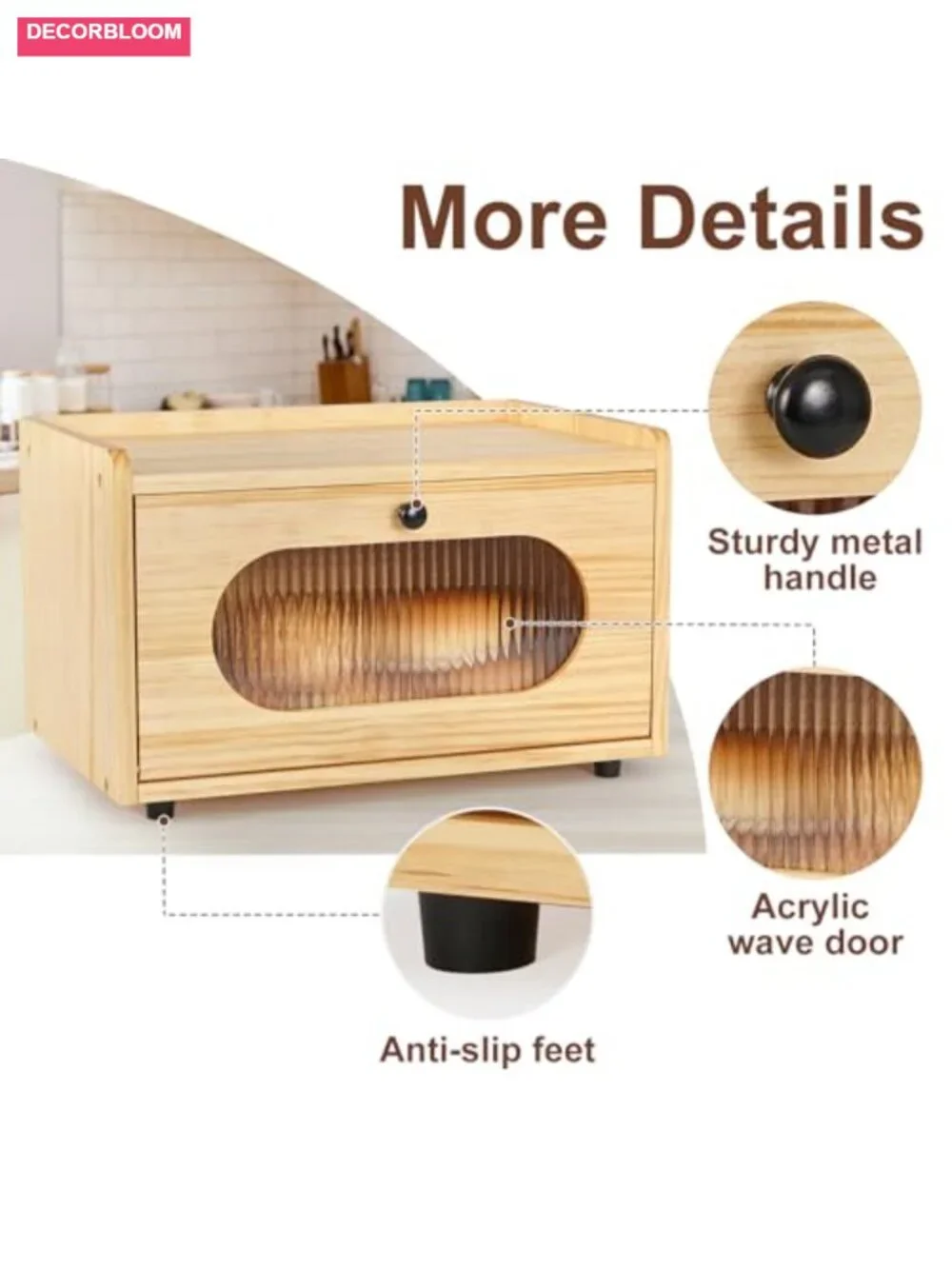 Wooden Bread Box with Acrylic Door for Kitchen Countertop Storage